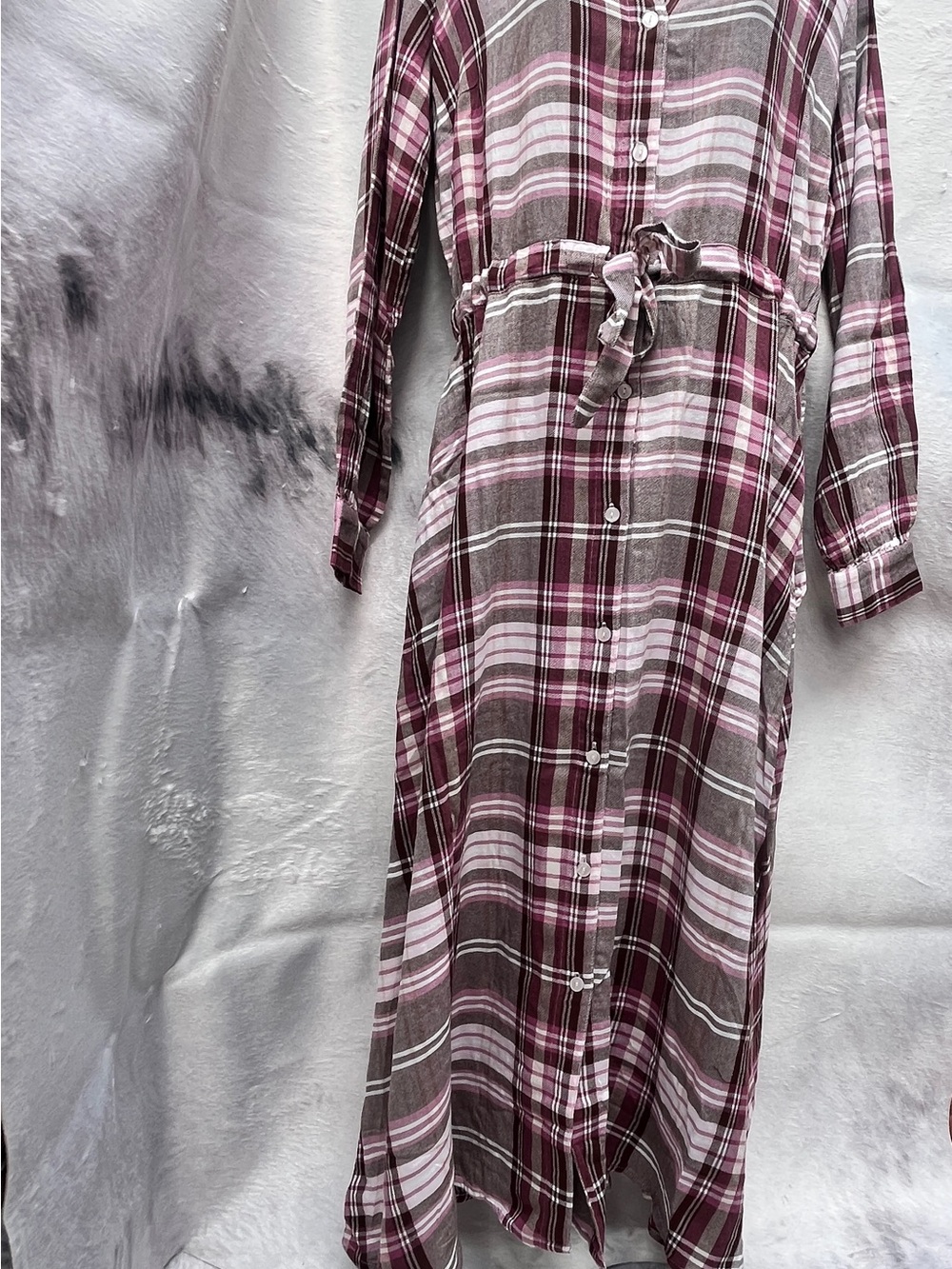 Plaid Maxi Shirt Dress in Burgundy and Gray with pockets
